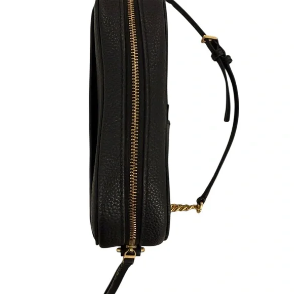 Tory Burch McGraw Camera Bag Black Pebbled Leather with Gold and Leather Chain